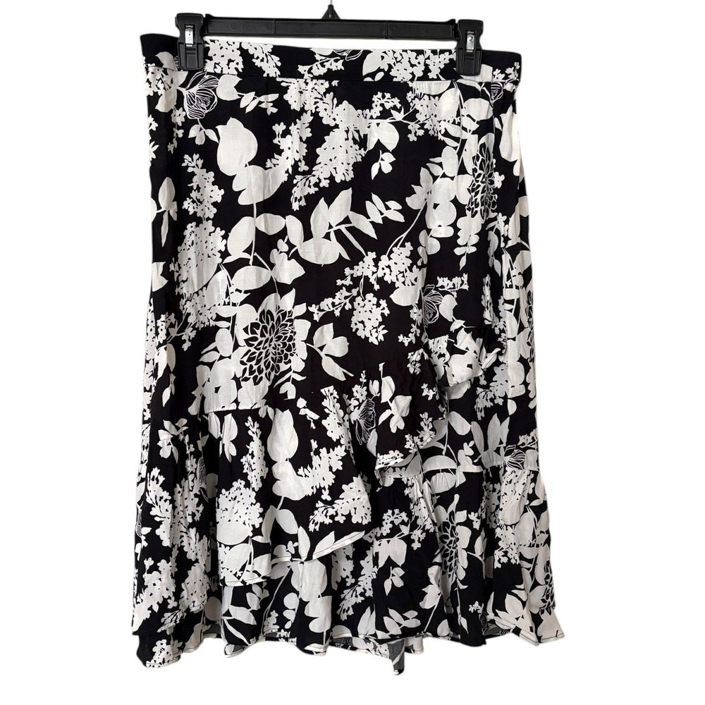 Talbots Womens 1X Long Skirt Black White Floral Ruffle Tiered Midi Resortwear